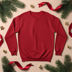 Blank red sweatshirt mockup for Christmas with on light background with holiday decorations. Minimal sweatshirt front design template