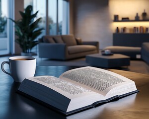 a beautifully illustrated open book on a sleek table with a coffee cup modern decor enhancing the setting