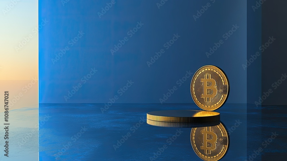 Aufkleber bitcoin coin placed on reflective surface with blue background and sunset light creating a modern fi