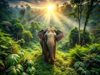 Fototapeta premium Breathtaking Aerial View of an Elephant Roaming Freely in a Lush Green Forest, Captured with Drone Photography for a Stunning Nature Wallpaper Experience