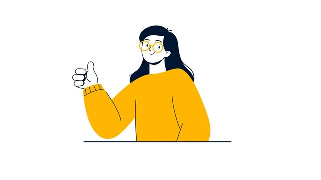Young women show Yeah positive gesture. Femaile character show thumb up or Ok symbol. 2D-animation.