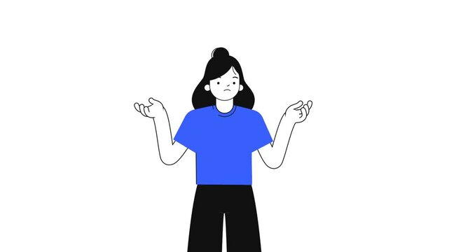 Confused young women in doubts and thoughts. The femail character shrugs his shoulders. 2D-animation.