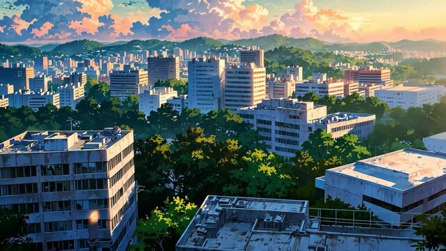 Video footage of vibrant cityscape with towering buildings, lush greenery, and a beautiful sunset sky. The scene is reminiscent of an anime setting, with its colorful palette and exaggerated details