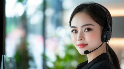 Asian female customer service staff in an office, smiling with a headset, showcasing professionalism and approachable service skills perfect for company advertising or branding