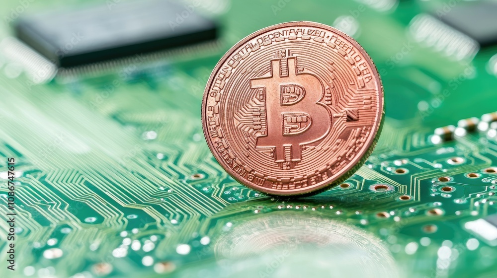 Poster bronze bitcoin coin on a green circuit board background representing digital currency and blockchain
