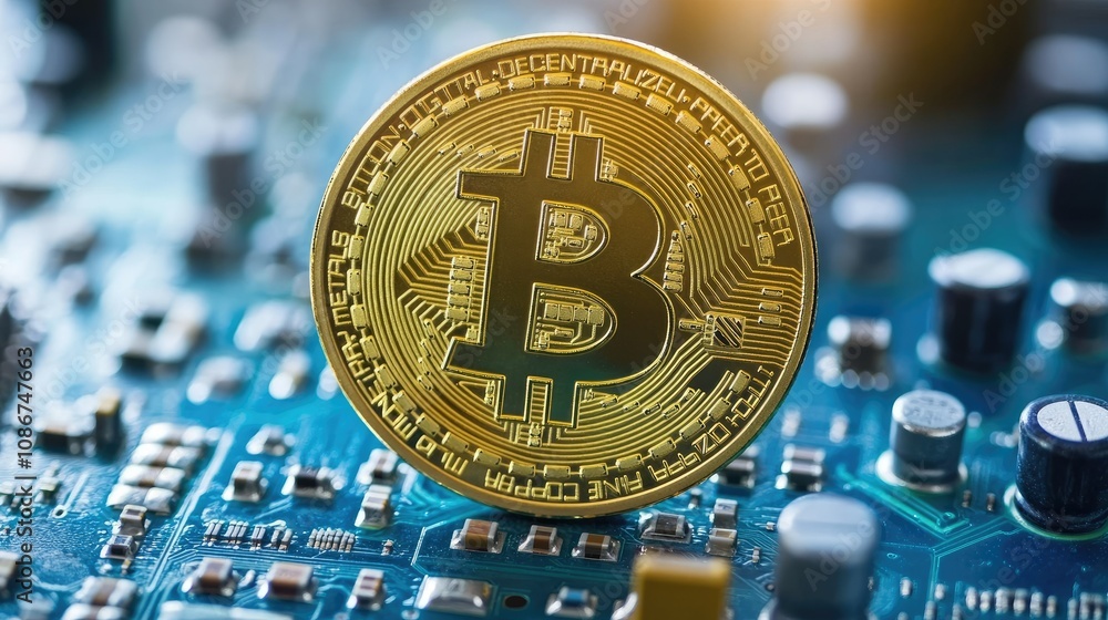 Poster glimmering golden bitcoin coin on technology circuit board reflecting modern digital currency revolu