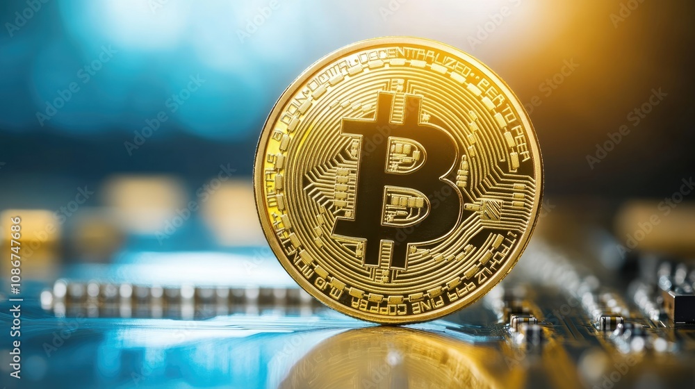 Poster gold bitcoin coin on a circuit board background with soft lighting illustrating cryptocurrency and d