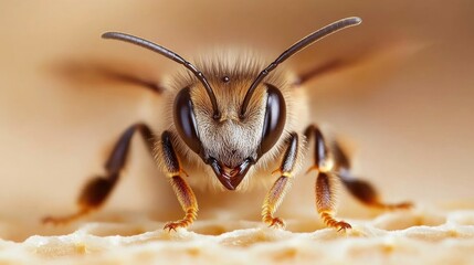 Delicate bee engages with honeycomb in its hive, showcasing intricate details and vibrant colors in a mesmerizing macro capture