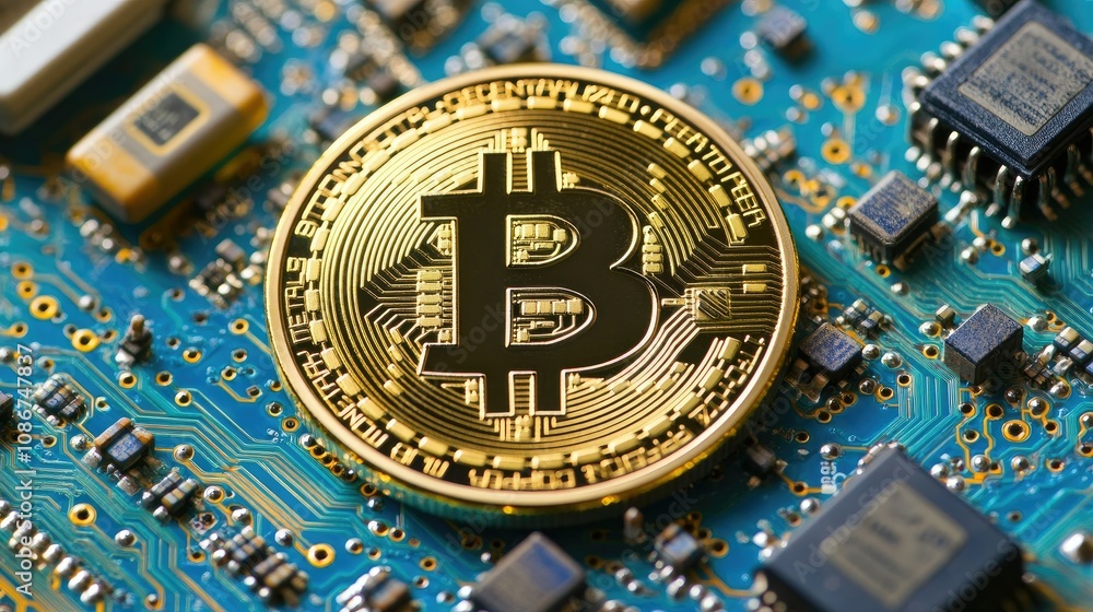 Poster golden bitcoin coin on circuit board with electronic components representing cryptocurrency technolo