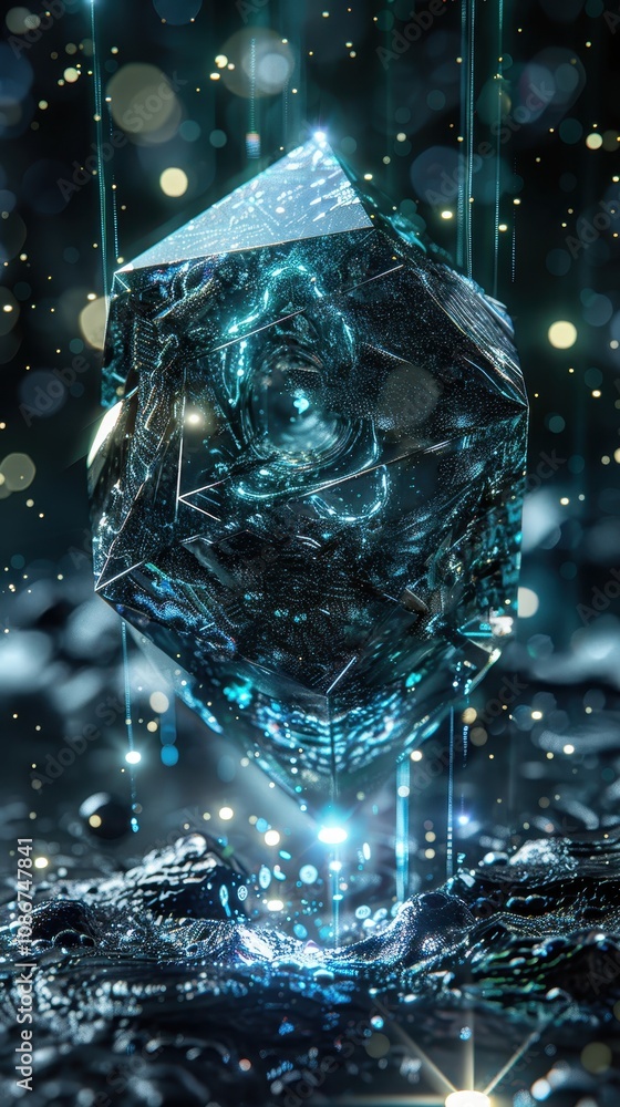 Poster a shimmering crystal emerges from water, surrounded by glowing particles, creating a mystical and en
