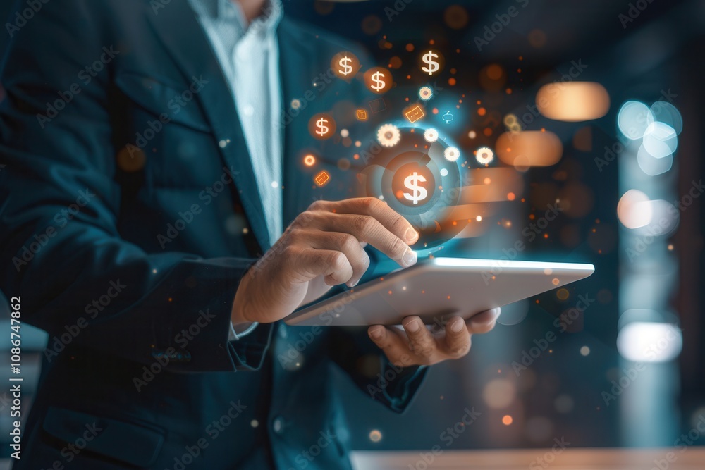 Poster close-up of a businessman in a suit using a tablet, with digital dollar icons and graphics floating 