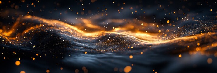 Golden particles flowing and creating bokeh effect over a dark wavy landscape, forming an abstract background