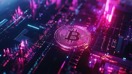 Obraz premium Futuristic Digital Cryptocurrency Concept Featuring Bitcoin Coin Surrounded by Vibrant Neon Lights and Technological Background in Purple and Blue Hues
