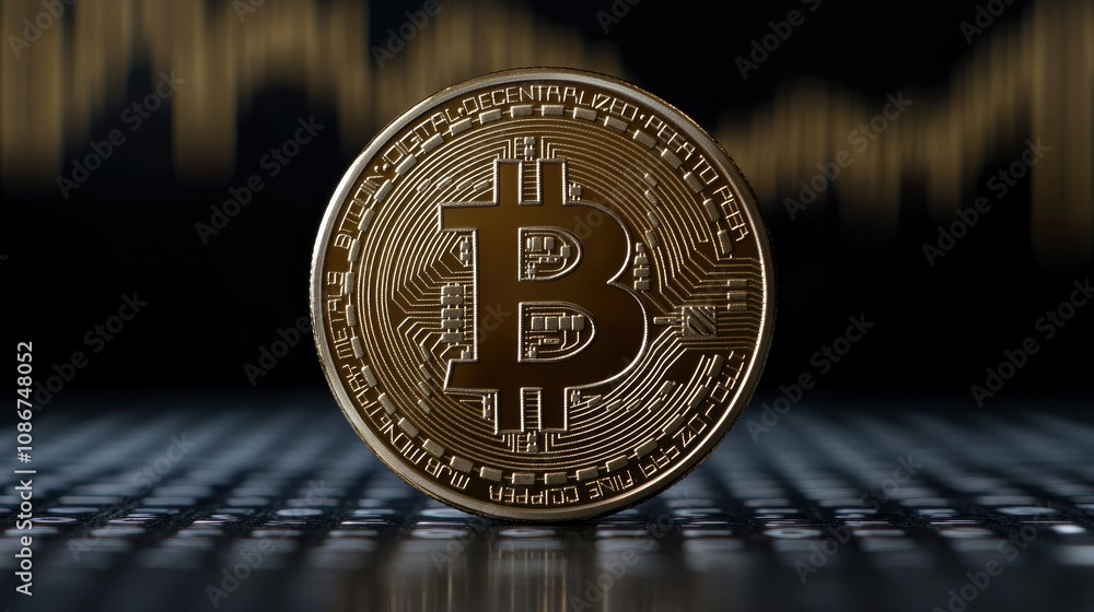 Poster golden bitcoin coin on a reflective surface with financial graph background illustrating cryptocurre