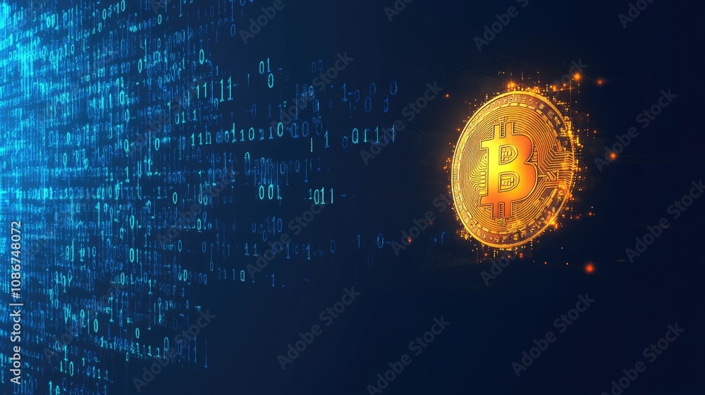 Poster digital cryptocurrency background featuring a shiny bitcoin coin surrounded by binary code and data 