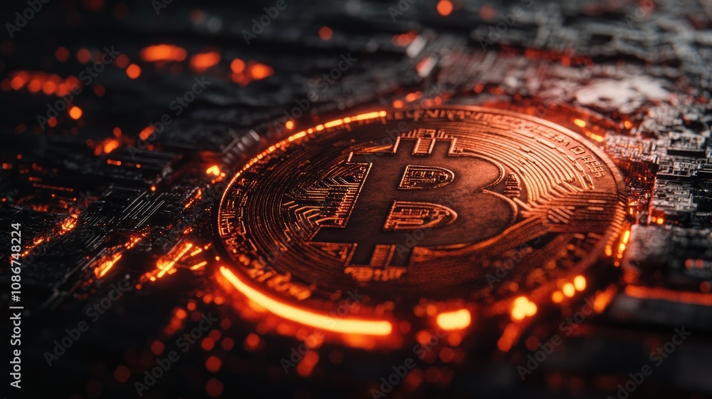 Poster detailed close-up of a bitcoin on a high-tech circuit board with glowing elements and a futuristic t