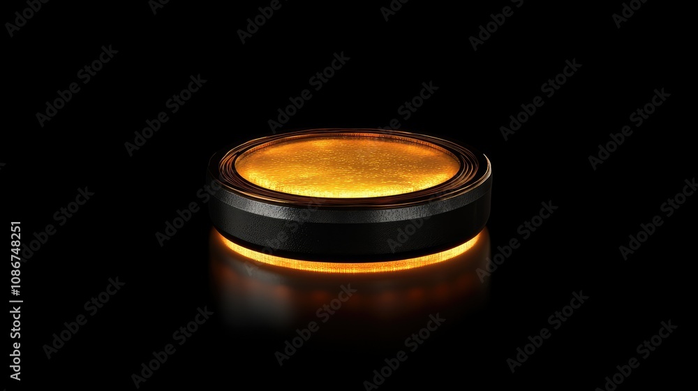 Poster elegant round object with a glossy surface illuminated by soft orange light against a dark backgroun