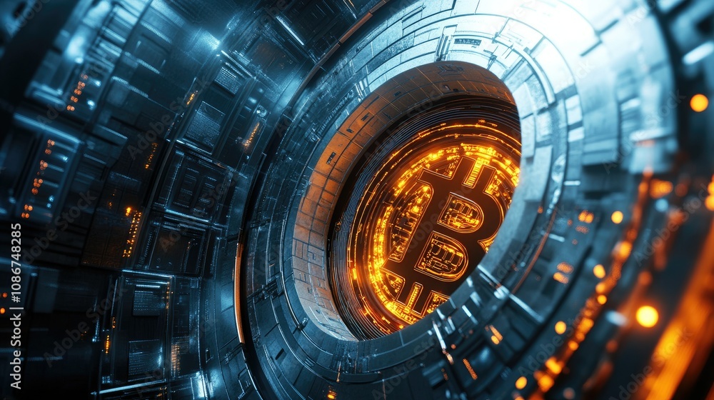 Poster Futuristic Digital Concepts with Bitcoin Inside a High-Tech Rotating Sphere, Emphasizing Light Reflections and Intricate Network Design in a Virtual Environment