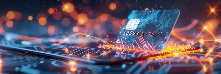 Close-up of a digital credit card with glowing circuitry and vibrant bokeh lights, symbolizing fintech innovation, digital payments, and secure transactions.
