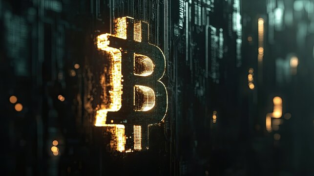Abstract digital representation of Bitcoin logo illuminated against a futuristic background filled with binary code, highlighting the essence of cryptocurrency and blockchain technology.