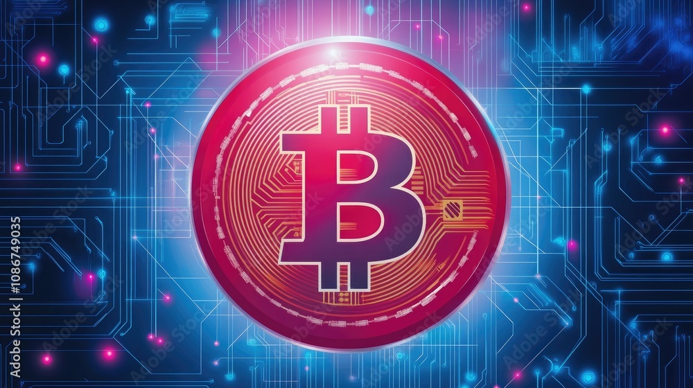 Poster vibrant bitcoin symbol overlaid on futuristic circuitry background, illustrating digital currency an