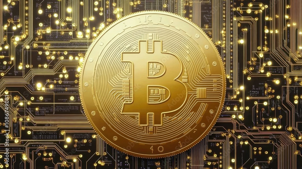 Poster gold bitcoin coin surrounded by digital circuitry and shimmering lights representing cryptocurrency 