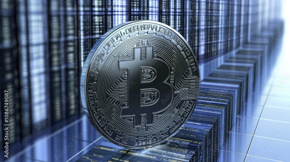Poster detailed close-up of a bitcoin coin surrounded by blockchain technology symbology representing digit