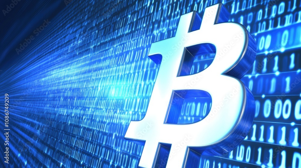 Poster digital cryptocurrency concept with bitcoin symbol surrounded by glowing binary code representing bl
