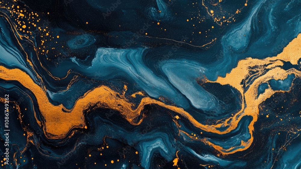 Poster abstract fluid art with rich dark background and golden accents creating a luxurious and elegant atm