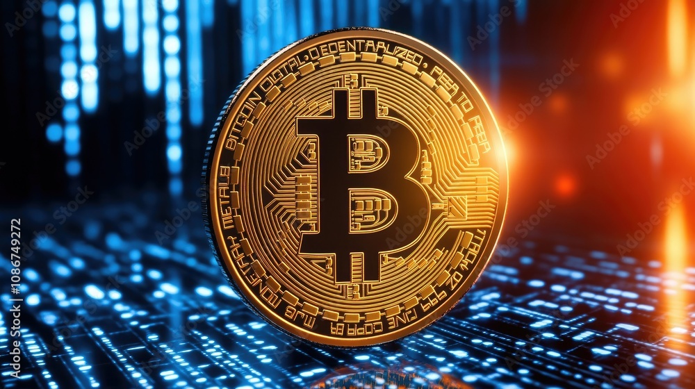 Poster digital bitcoin coin against a blue background with binary code illustrating the concept of cryptocu