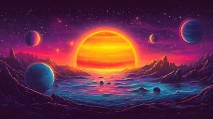 a vibrant, educational vector showcasing the solar system, with each planet orbiting the sun. exploring the galaxy, planets and spacecrafts