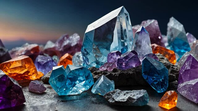 Video footage of vibrant collection of gemstones in various shapes and sizes, including sparkling blue crystals, deep purple amethyst, and fiery orange citrine