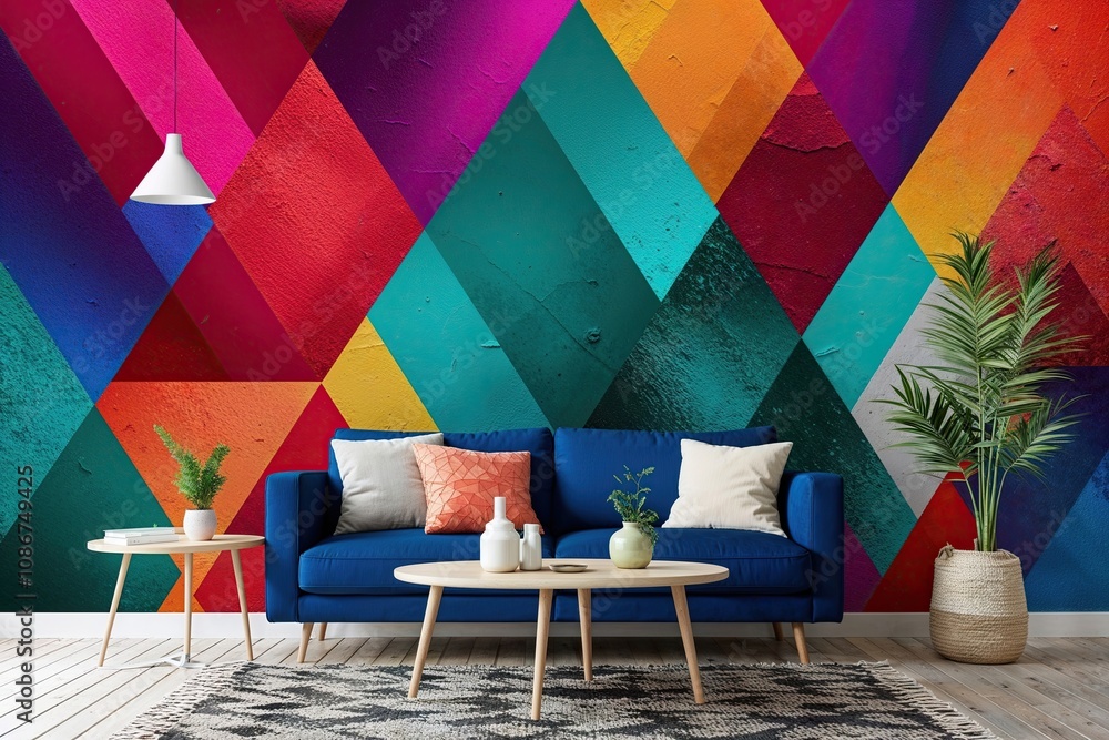 Poster dynamic geometric canvas mural with lively textures and vivid color palette
