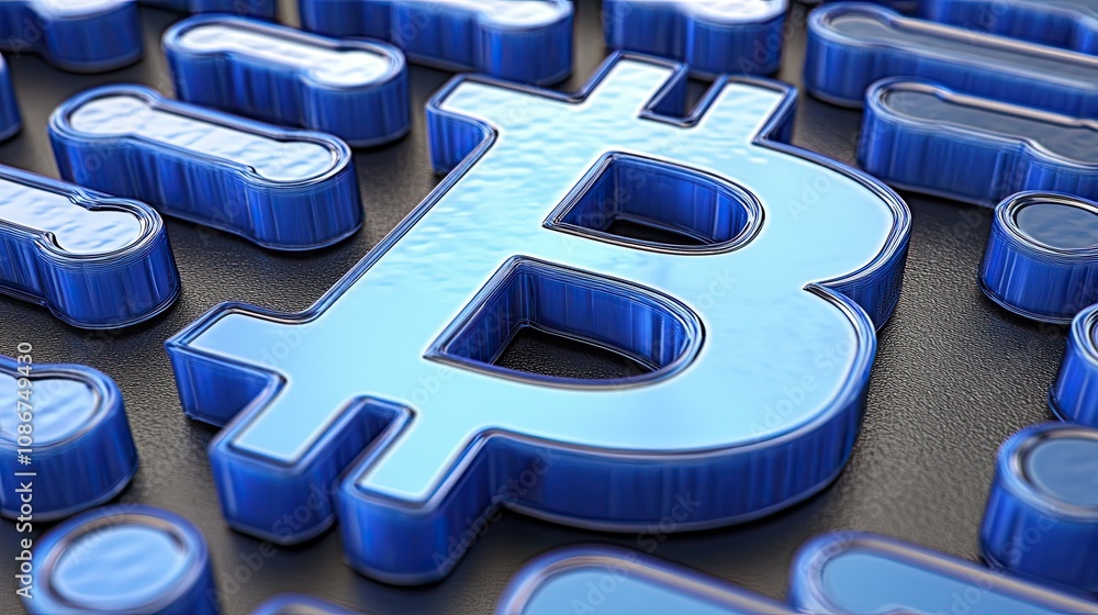Aufkleber 3d rendering of a bitcoin symbol with shiny blue elements on a dark surface, symbolizing cryptocurre