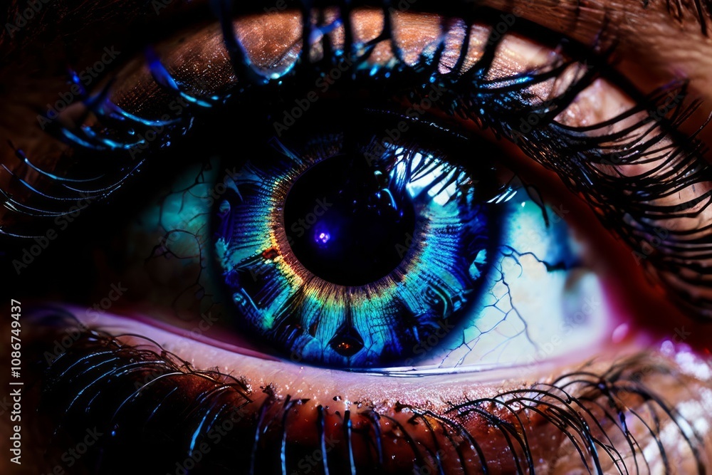 Poster eyes highlighted with mystical colors or patterns enhancing a fa