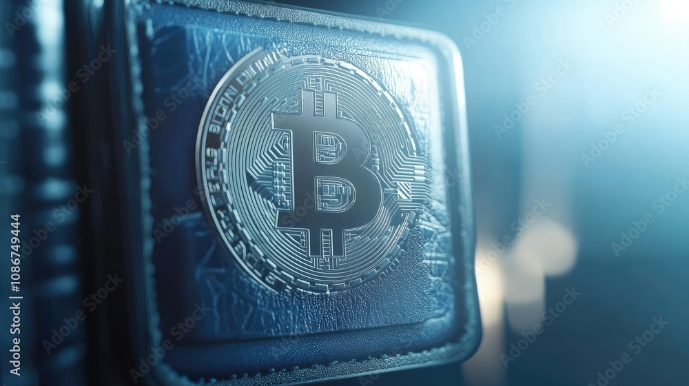 Poster close-up of a bitcoin wallet showing a bitcoin symbol, representing digital currency and modern fina