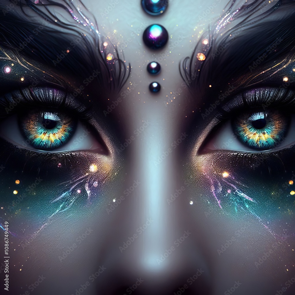 Poster eyes highlighted with mystical colors or patterns enhancing a fa