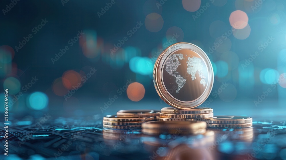 Poster stacked coins featuring a world map design on the top coin, set against a blurred bokeh background, 