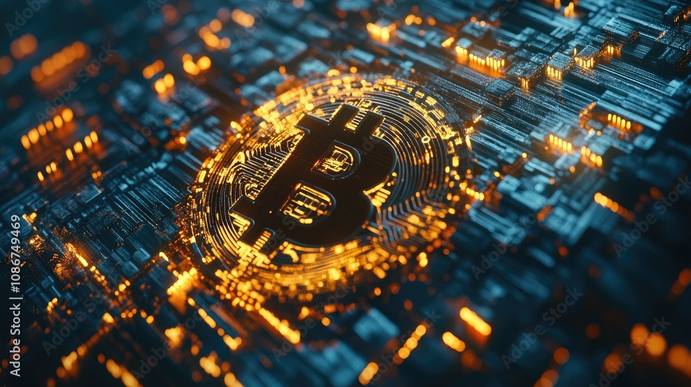 Poster stunning close-up of bitcoin cryptocurrency symbol surrounded by glowing circuit and digital element