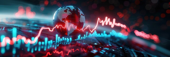 Abstract image of global financial data with a glowing world map and graph lines, symbolizing international market trends, economy, and digital finance.