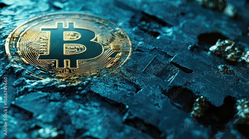 Poster glowing bitcoin symbol on textured background representing digital currency and modern finance in a 
