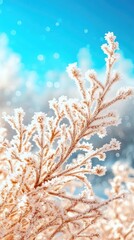 Delicate hoarfrost adorns pine branches in a winter forest against a serene blue sky