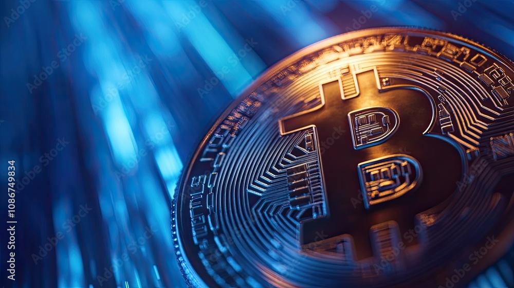 Poster close-up of a bitcoin cryptocurrency coin with digital data background illuminated by blue and gold 
