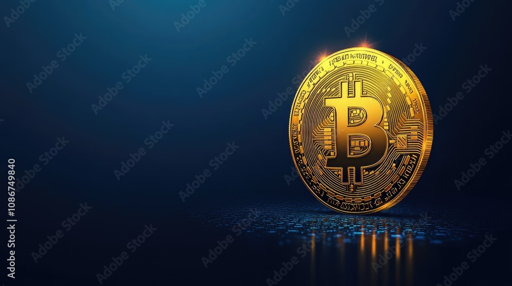 Poster shiny bitcoin coin on dark digital background representing cryptocurrency's bright future and blockc