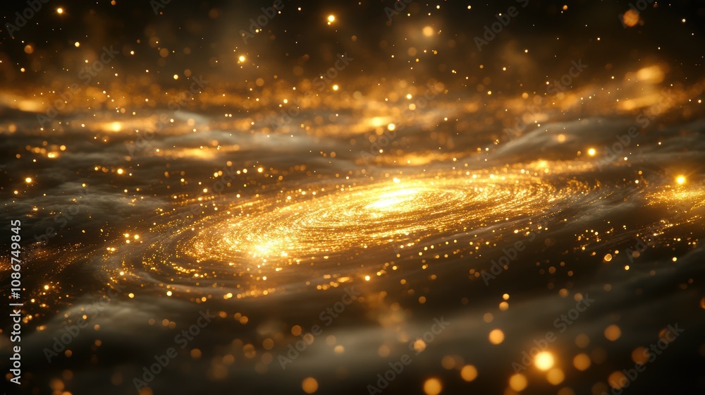 Poster a mesmerizing cosmic scene featuring a swirling galaxy illuminated by golden light and shimmering pa
