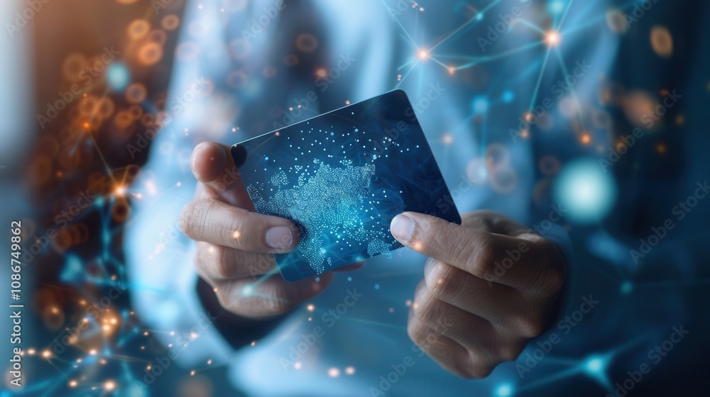 Poster close-up of hands holding a digital credit card featuring a global network map overlay, with a dynam
