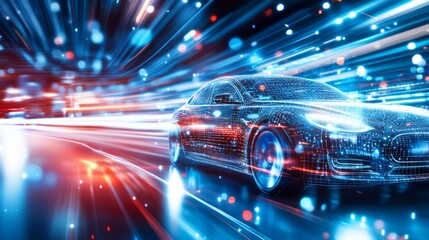 Futuristic car in motion with digital wireframe design and glowing neon lights
