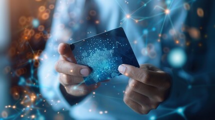 Close-up of hands holding a digital credit card featuring a global network map overlay, with a dynamic background of glowing connections and lights.