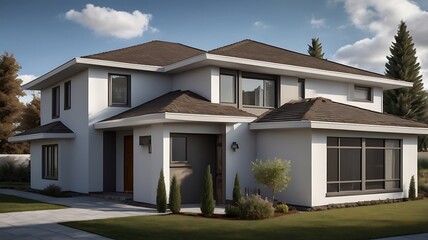 Modern Two Story House With Dark Brown Roof