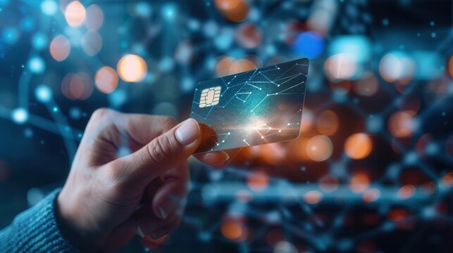Close-up of a hand holding a modern credit card with a digital network overlay, set against a bokeh background with vibrant lights. - Powered by Adobe